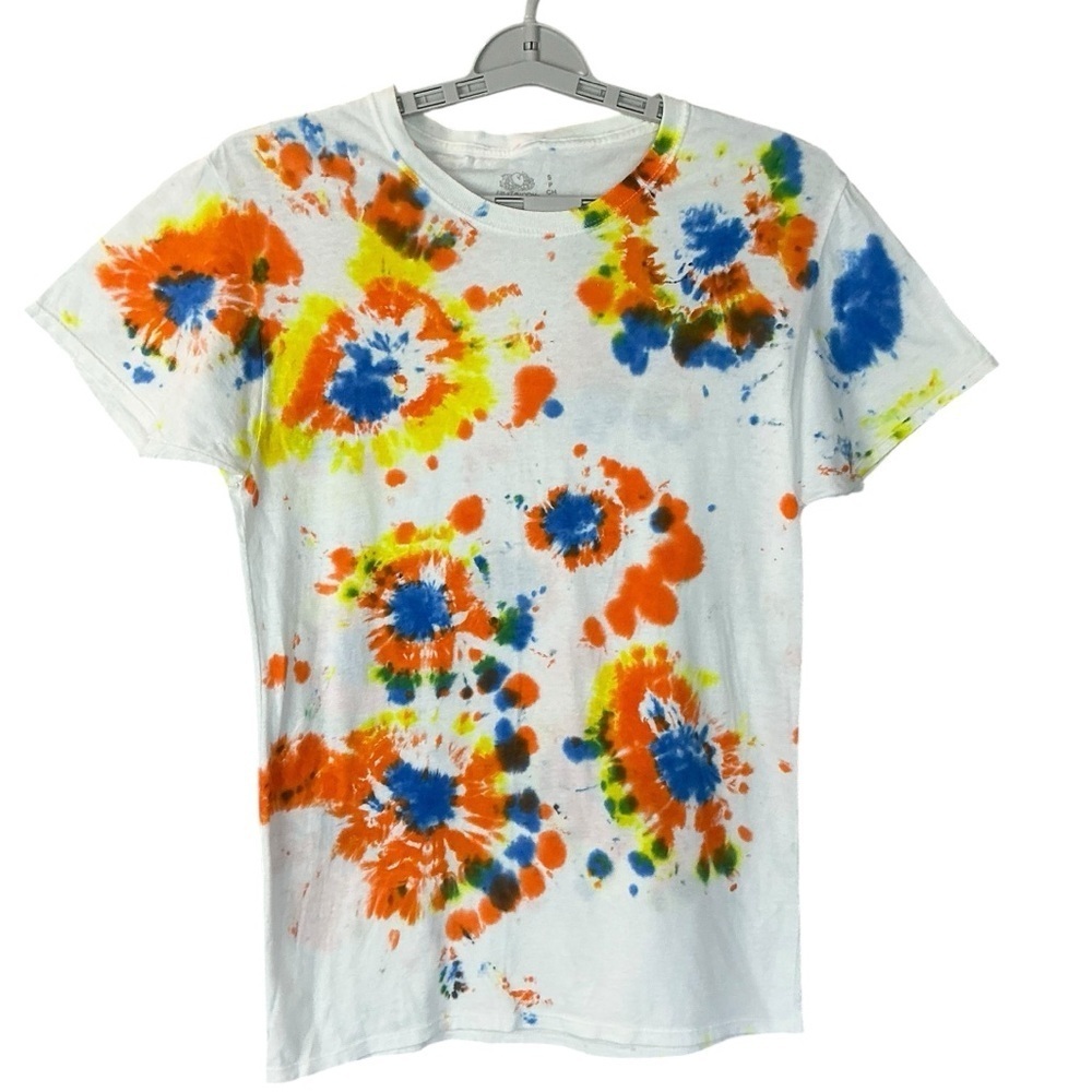 Tie Dye Tee Shirt Hand Made Sleeve Cotton Multicolor Orange Blue Yellow Women S